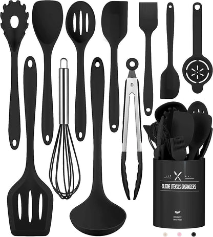 Kitchen helper set, 12-piece silicone cooking utensils set, heat resistant cookware with utensil holder, non-stick cooking set kitchen utensils, dishwasher safe - Black
