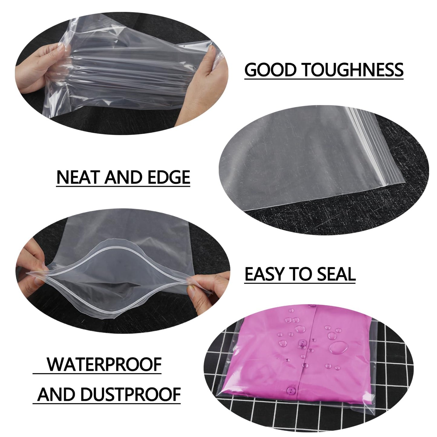 100 pieces of zipper bags 350mmX450mm resealable 160μm waterproof plastic bags with zip lock closure. Can hold clothing, shoes, scarves, and gloves.