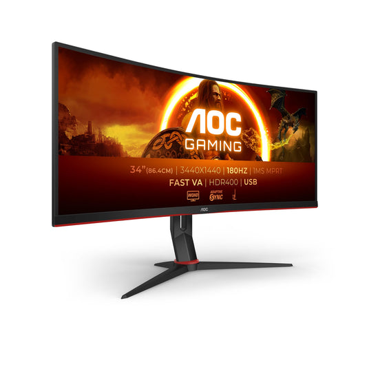 AOC Gaming CU34G2XP - 34-inch WQHD Curved Monitor, 180 Hz, FreeSync Premium, HDR400 (3440x1440, 1ms GtG, HDMI, DisplayPort, USB Hub) black-red