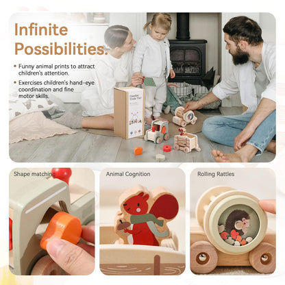 Mamimami Home Combined Train Wood Montessori Toy for Kids wooden train toy set with blocks and rattles Suitable for 1 year old boys girls