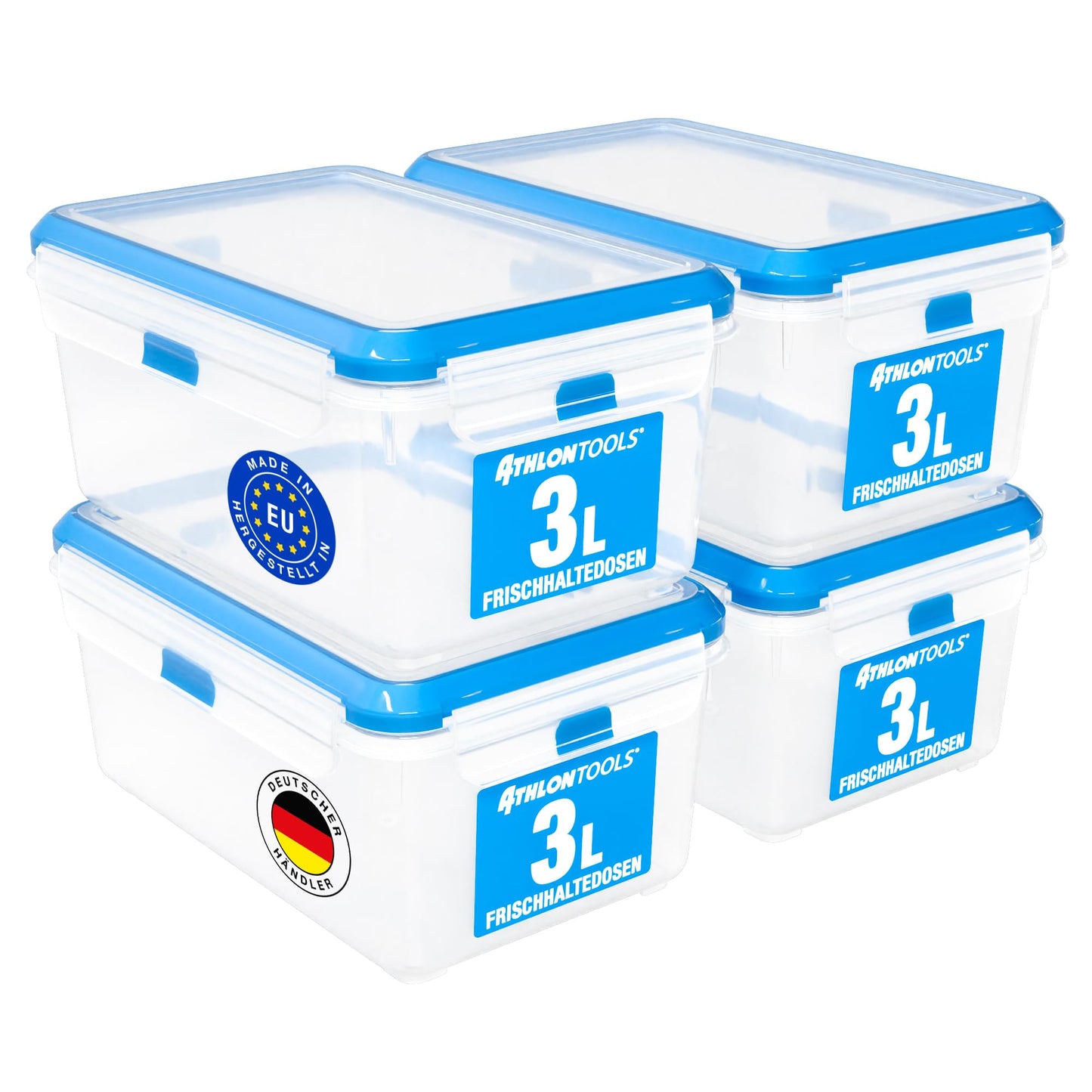 ATHLON TOOLS 4x 3L Fresh-keeping container set in gastro-quality - 100% airtight and leak-proof -40 to +100 degrees - for all foods - BPA-free - storage containers for refrigerator (3 L | 4 pcs)