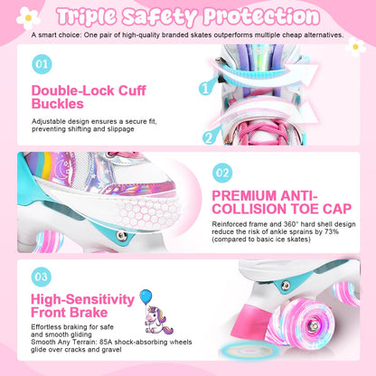 OLYSPM Kids Roller Skates Adjustable Ladies Roller Skates, LED Roller Skates and 4 Sizes Adjustable, Roller Skates with Storage Bag for Girls, Boys and Beginners (Pink)