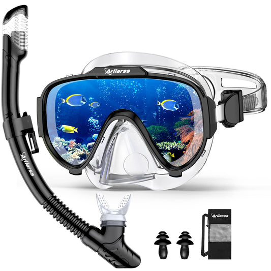 Arlierss diving mask, snorkel set with snorkel and diving mask, 180° panoramic HD tempered glass anti-fog anti-leak premium dry snorkel for adults.