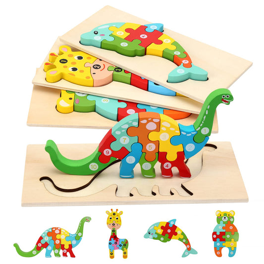 Wooden puzzles for toddlers aged 1-3, Montessori toy for kids aged 2+, educational wooden puzzle game, gift for 1 2 3 year old boys and girls - 4-pack
