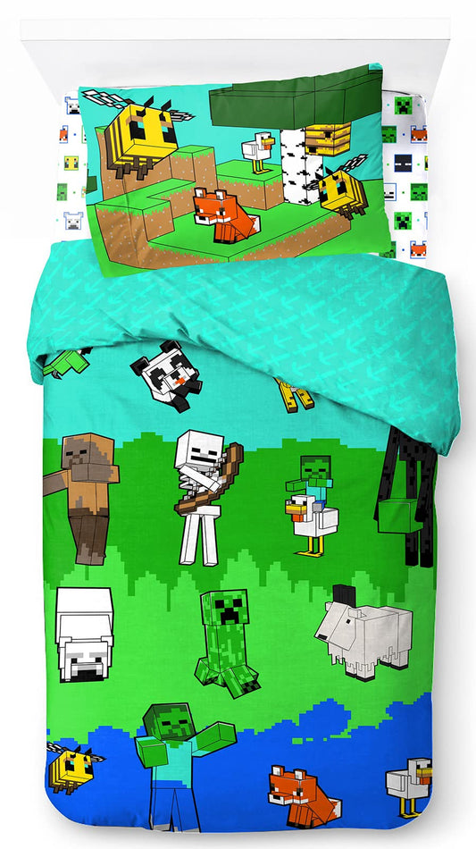 Jay Franco Minecraft Creative Mode 100% cotton 3-piece bedding set 135x200cm single bed size - duvet cover + fitted sheet 90x200 cm + pillowcase 50x70 cm