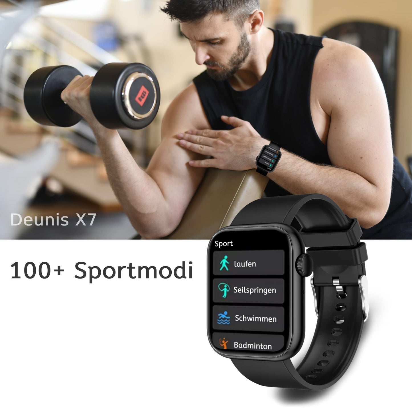 Deunis X7 Smartwatch 1.96 inch for Women Men with phone function and notifications, compatible with Android and iOS, sleep monitor, pedometer, fitness tracker (Black)