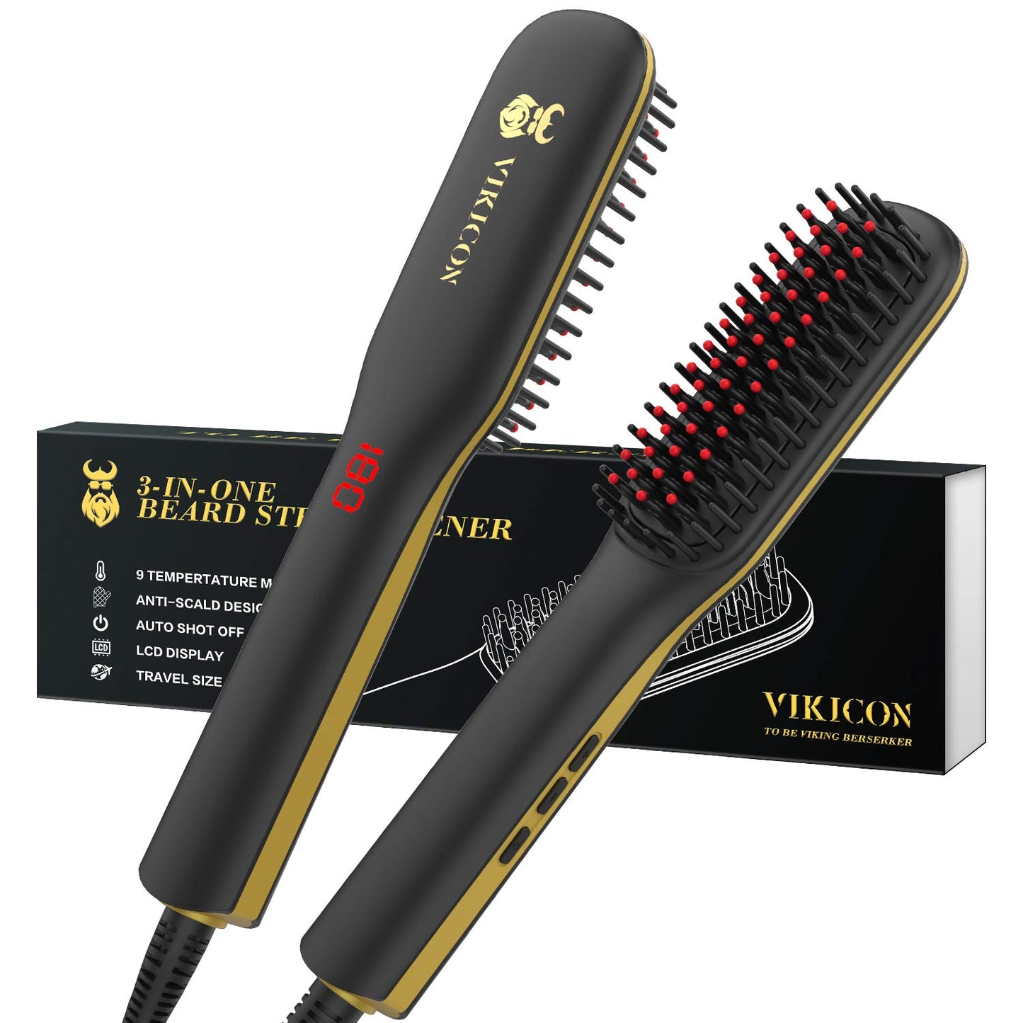 Men's beard straightener, Electric beard straightening comb, Ceramic and Ionic heated hair straightening brush, LED display with adjustable temperature, Dual voltage for travel and home.