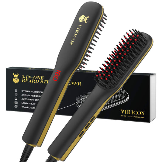 Men's beard straightener, Electric beard straightening comb, Ceramic and Ionic heated hair straightening brush, LED display with adjustable temperature, Dual voltage for travel and home.