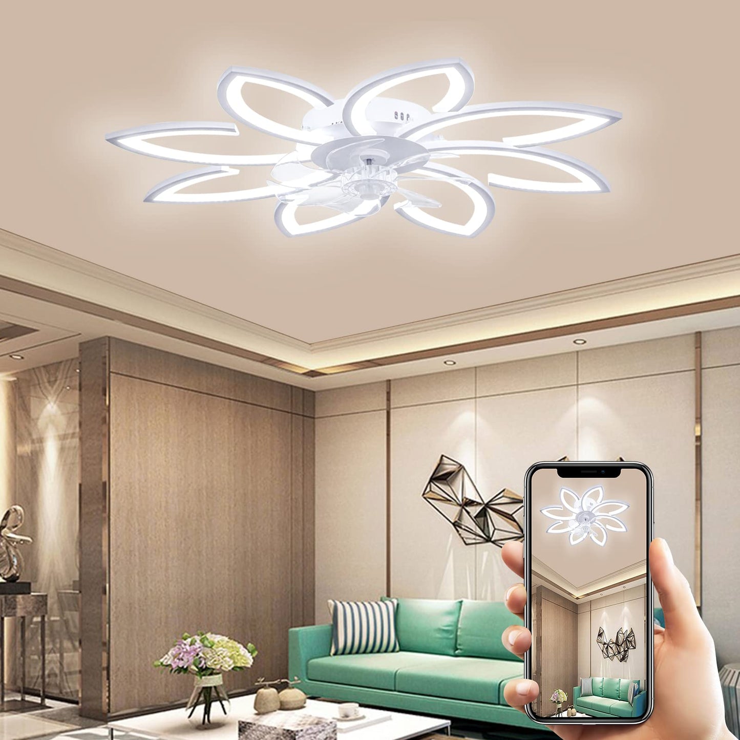 Wildcat Ceiling Fan with Light Quiet Modern LED with Remote Control Timer Flower Design Fan Ceiling Light for Bedroom Kitchen