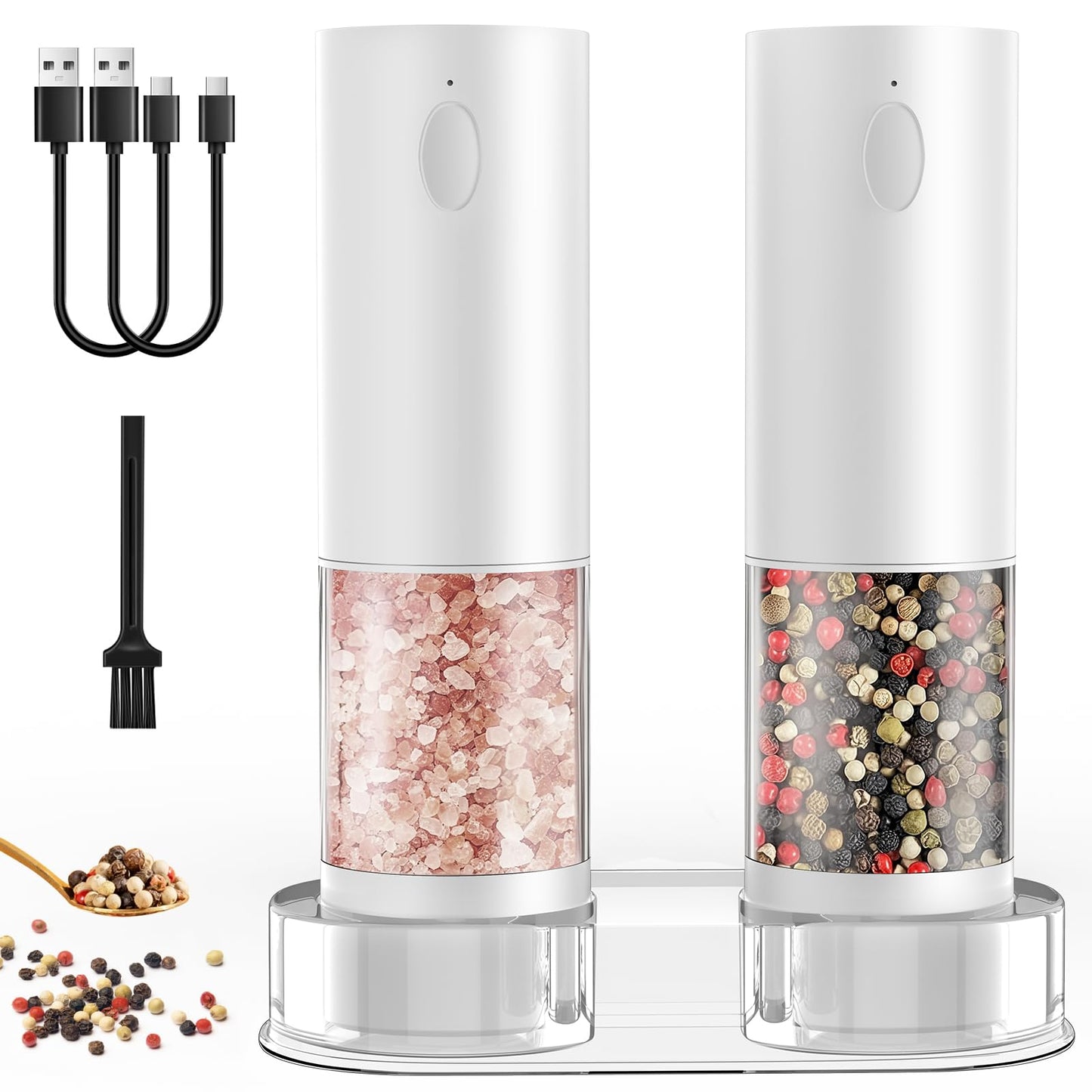 Electric Salt and Pepper Grinder, Rechargeable Pepper Grinder with 5 adjustable ceramic grinding levels, base, LED light, 100mL large spice mills for kitchen, grill & restaurant - 2 pack (White)