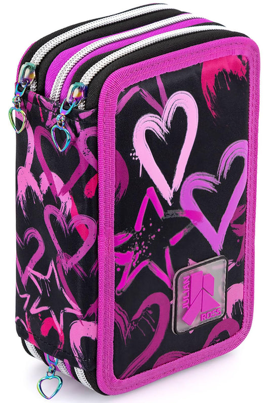 Girl 3-compartment pencil case - 45 pieces, fully filled - with 2 erasable gel pens, scissors, glue, colored pencils - ideal for school & as a gift - Julian Ross Hearts and Stars