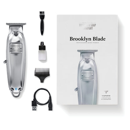 Brooklyn Blade® · Brooklyn Soap Company · Professional home beard trimmer · Stainless steel trimmer with 5 attachments for all beard lengths