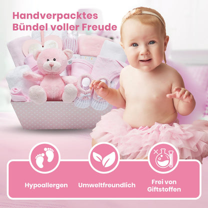 Baby gift set and memory box - Pink, Hand-wrapped gift for baby girl - with teddy bear, baby shoes, onesie, bib, hat, blanket, hooded towel, hanging sign.