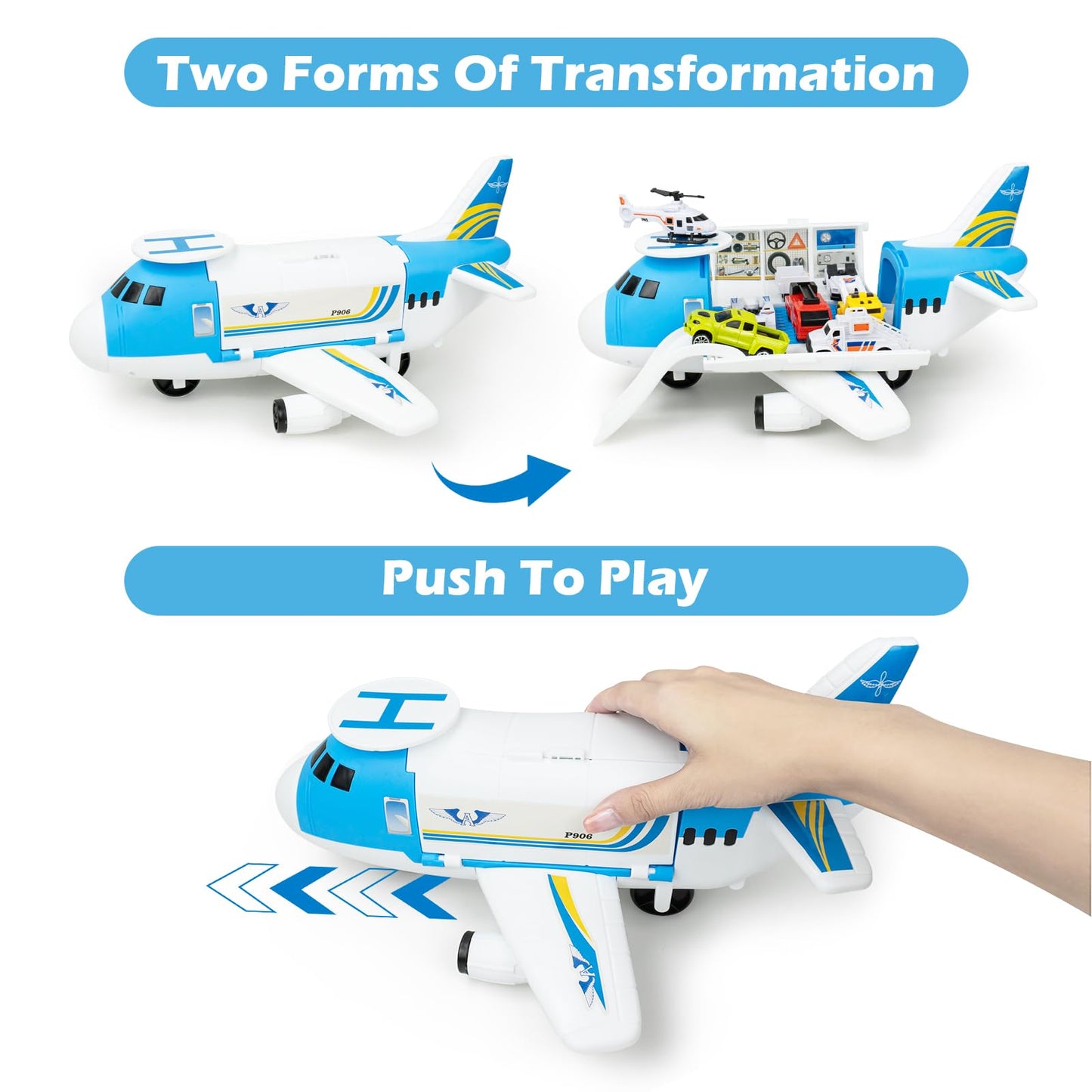 RedCrab airplane playset, transport airplane toy with car, helicopter, and ramp. Children's vehicle learning toy, toy car set, gift for kids ages 3 and up.