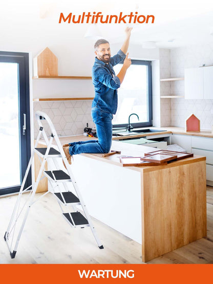 HOUSE DAY Folding 4 Step Ladder with Handle, Step Ladder for Kitchen Home Outdoor Adults, Non-Slip Folding Step Stool for Household and Office, Foldable Ladder Load Capacity up to 150 kg