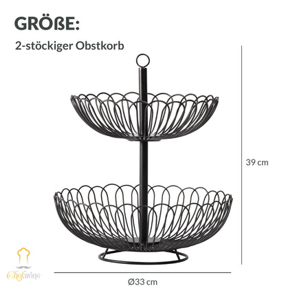 Chefarone® Fruit Stand Large - XL Fruit Bowl 33cm - Black 3-tier Stand - Stylish fruit basket with bowls - Kitchen decor & storage