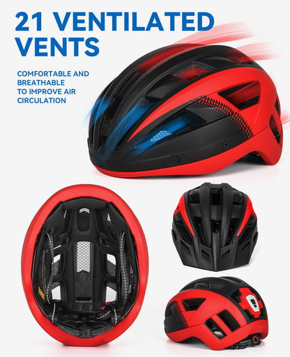 FUNWICT bike helmet with visor for men and women, lightweight helmet with magnetic goggles and USB rechargeable LED light, stylish mountain bike helmet (L: 57-61 cm, black red)