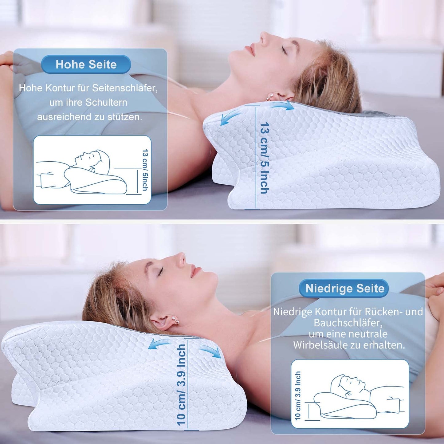 SAHEYER Ergonomic Neck Pillow, Memory Foam Head Pillow Side Sleeper Pillow Orthopedic Neck Support Pillow, 60 x 35.5 x 10/13CM Comfort Sleeping Pillow for Neck-Shoulder Pain Relief