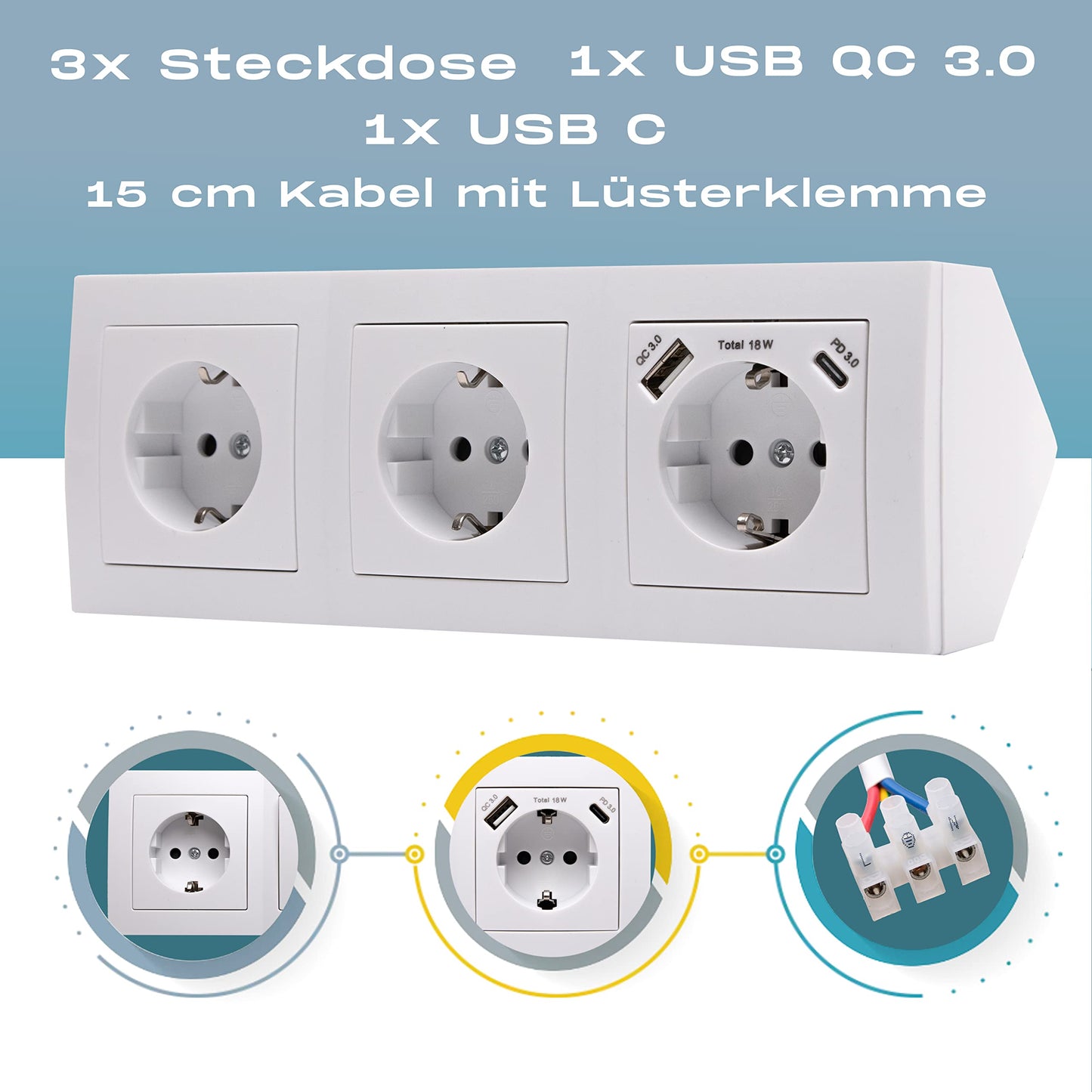 Corner socket surface mount, 3 outlets Schuko + USB-A + USB-C, 15 cm connection cable and terminal block for kitchen counter, office, workshop, 250V~/16A, white