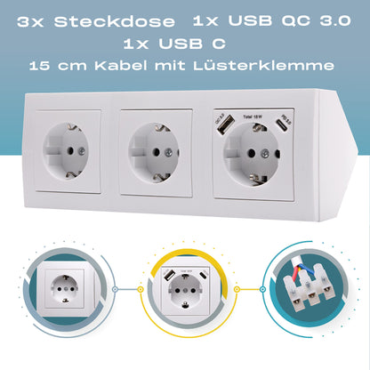 Corner socket surface mount, 3 outlets Schuko + USB-A + USB-C, 15 cm connection cable and terminal block for kitchen counter, office, workshop, 250V~/16A, white