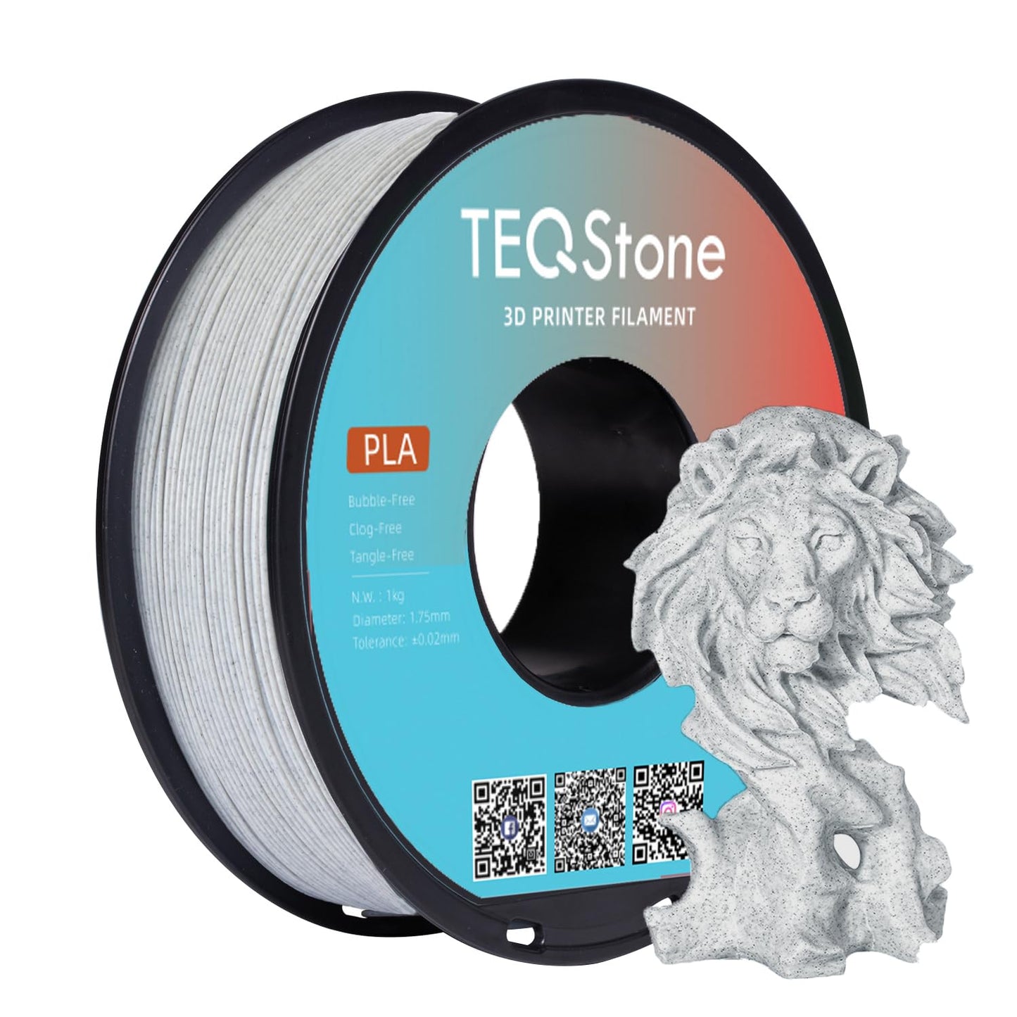 TEQStone PLA Filament 1.75mm Marble Grey, stone-like surface, precision +/- 0.03mm 3D printer filament Marble PLA 1kg spool vacuum packed