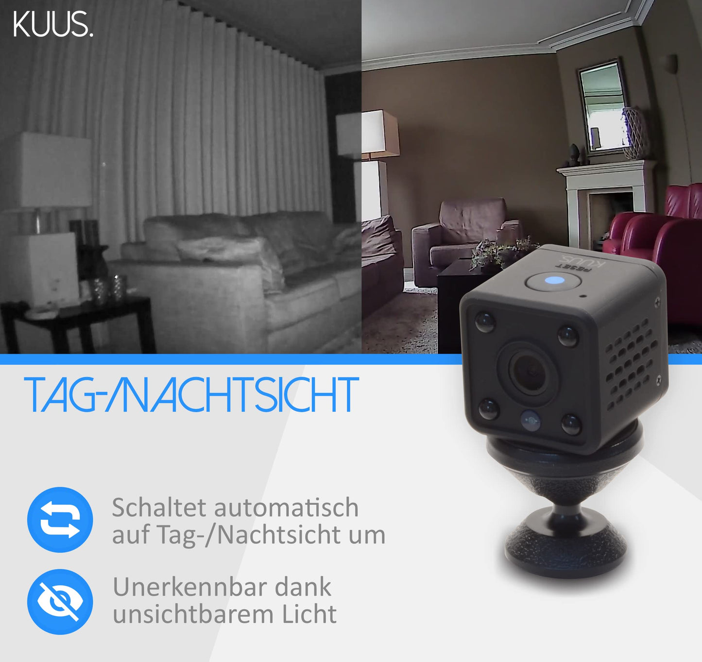 KUUS C2 Mini Camera with motion sensor: compact and mini indoor surveillance camera, live transmission on mobile and WiFi camera, WiFi APP mini camera with recording | Updated New 2024 !