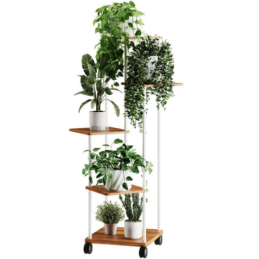 5-tier wooden flower shelf plant stand with optional wheels, multi-layered flower rack plant holder flower bench flower ladder plant ladder shelf for indoor garden balcony decor.