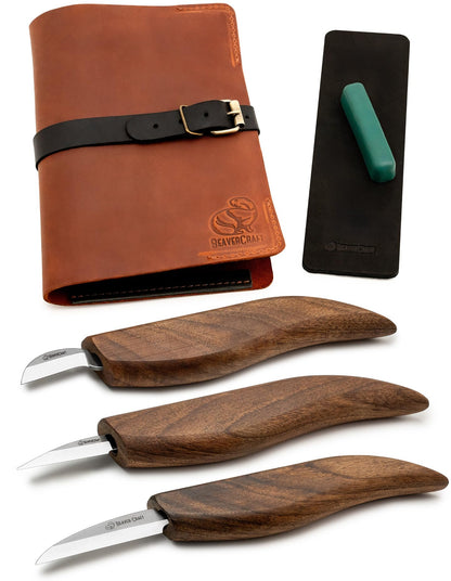 BeaverCraft Wood Carving Set Deluxe Carving Knife Set S15X - Wood Carving Tools and Leather Strop for Sharpening with Polishing Compound - Carving Knives, Gouges, Chisels.