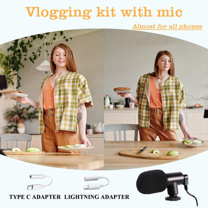 Smartphone video kit, vlogging kit, YouTuber kit, with microphone light tripod, 50 inches, extendable phone clip remote, compatible with iPhone/smartphone/cameras.