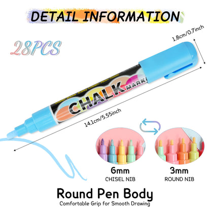 SUPERSUN 28 chalk markers for chalkboard Washable & kids chalk marker window 6mm with reversible tip, Ideal for chalkboard markers, window markers & chalk marker window.