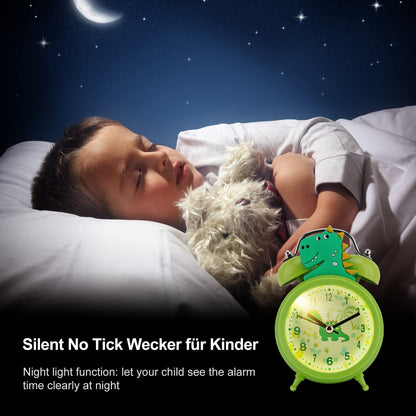 TCJJ Dinosaur Alarm Clock for Boys, Non-Ticking Cute Green Alarm Clock for Kids Boys, Classic Loud Double Bell Clock with Backlight, Suitable for School Gifts.