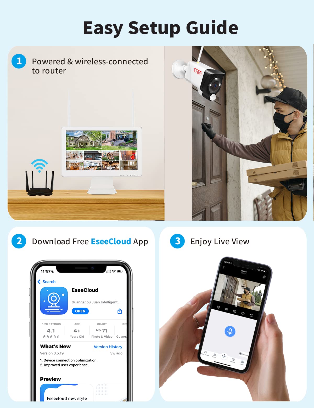2K WiFi surveillance camera set with two-way audio, 5MP 10CH wireless NVR, 8x3MP wireless outdoor cameras, PIR motion detection, waterproof, spotlight warning, works with Alexa, 2TB storage.