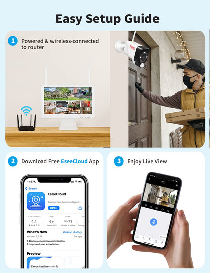 2K WiFi surveillance camera set with two-way audio, 5MP 10CH wireless NVR, 8x3MP wireless outdoor cameras, PIR motion detection, waterproof, spotlight warning, works with Alexa, 2TB storage.