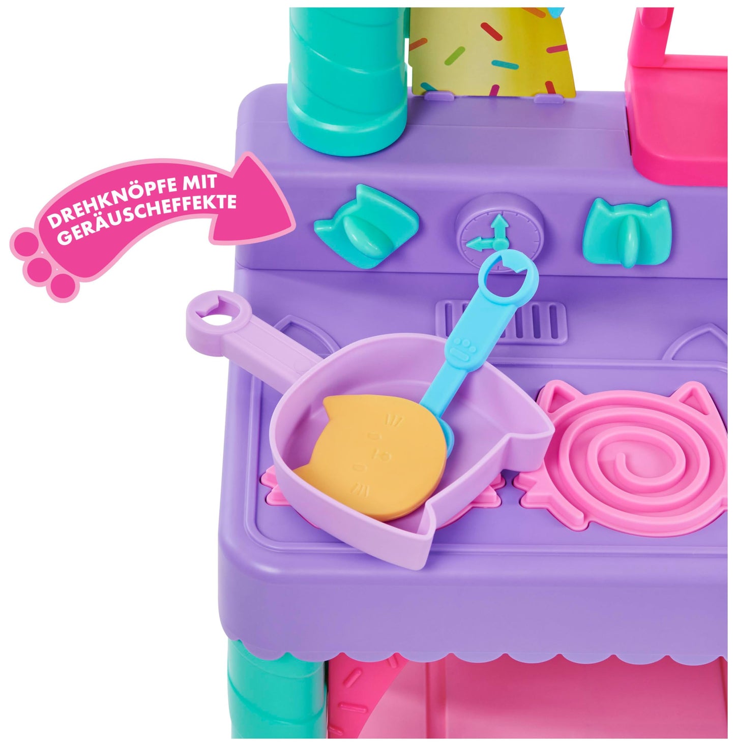 Gabby's Dollhouse, Cakey's Lifesize Kitchen, role play kitchen with sound effects, play kitchen accessories, and toy food, suitable for children aged 3 and up.