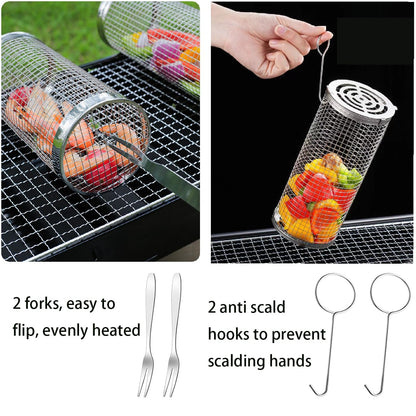 Rolling grill basket, stainless steel grill basket vegetable grilling accessory. 304 stainless steel with detachable wooden handles. Outdoor cooking camping outdoor kitchen grill rack (2 pieces).