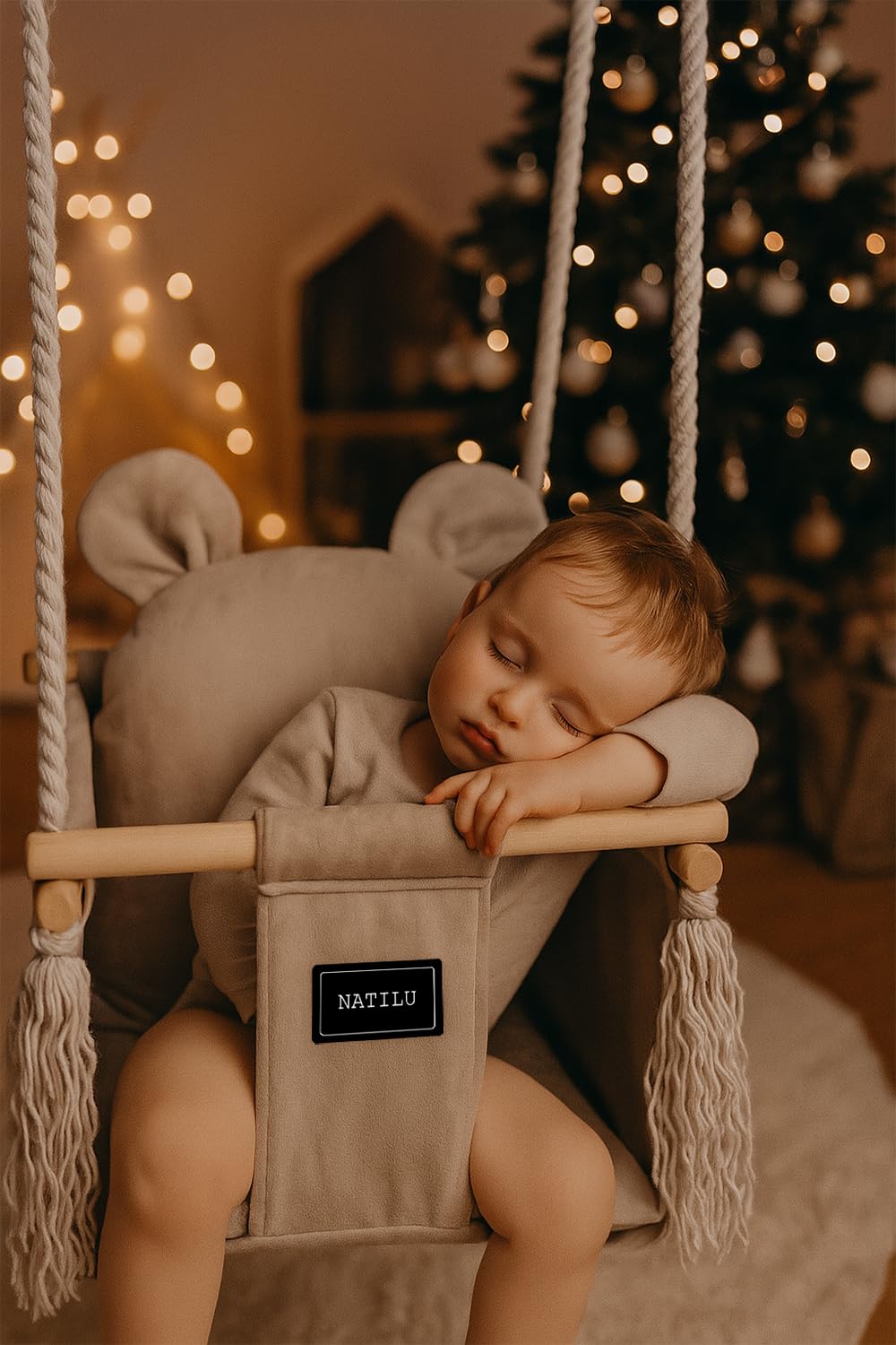 NATILU® Baby Swing Set Indoor Outdoor | Bear Light Beige Velvet | Baby Swing | Baby swing Indoor | Wooden Kids Swing | Wooden Swing for Children | Swings for door frames
