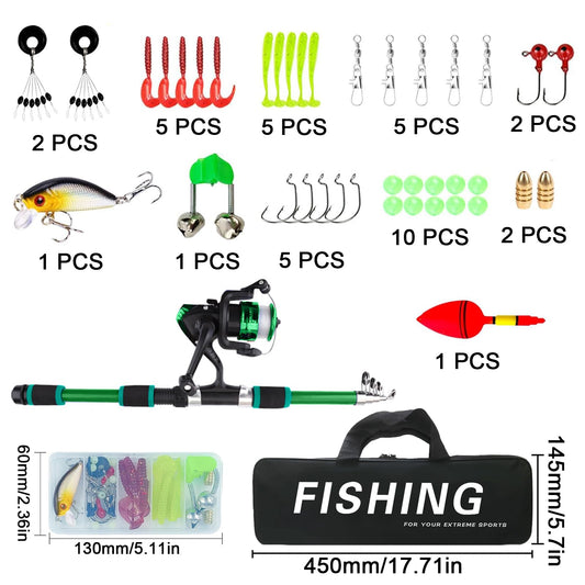Kids fishing rod set, 1.8m beginner fishing rod for kids with reel and bait set, carbon fiber telescopic rod and reel, fishing gear for kids aged 3-10 (Green)