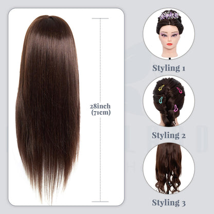Neverland training head with stand - 71cm, 60% real hair. Perfect for practicing hairstyling and makeup. Comes with table clamp and DIY braid hair set.