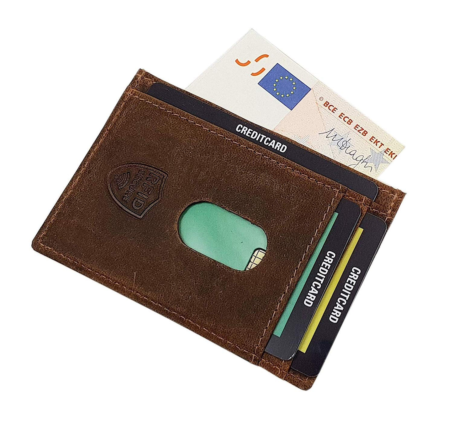 myleathershop Genuine buffalo leather vertical biker wallet with metal chain and skull motif, removable card holder with RFID & NFC protection in brown.