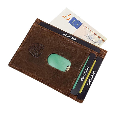 myleathershop Genuine buffalo leather vertical biker wallet with metal chain and skull motif, removable card holder with RFID & NFC protection in brown.