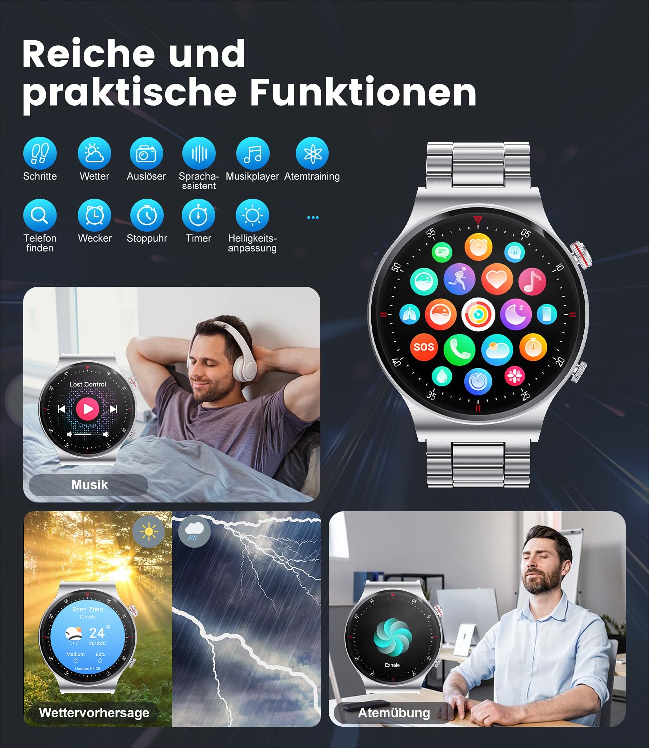 Men's smartwatch with phone function, 1.43'' AMOLED smart watch with heart rate sleep monitor SpO2 notification 100+ sports modes, waterproof fitness tracker calorie pedometer Android iOS, silver