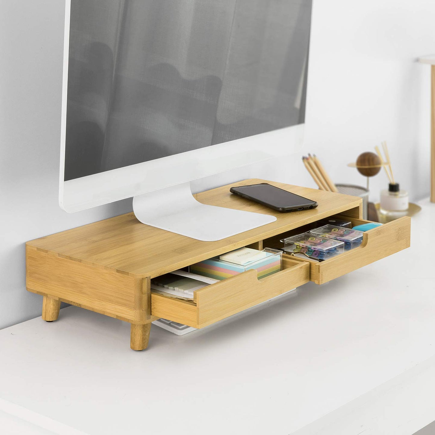 SoBuy BBF06-N Design Monitor Stand Screen Stand Notebook Stand Desk Attachment Organizer with 2 Drawers Bamboo Dimensions approx.: 56x12x23cm