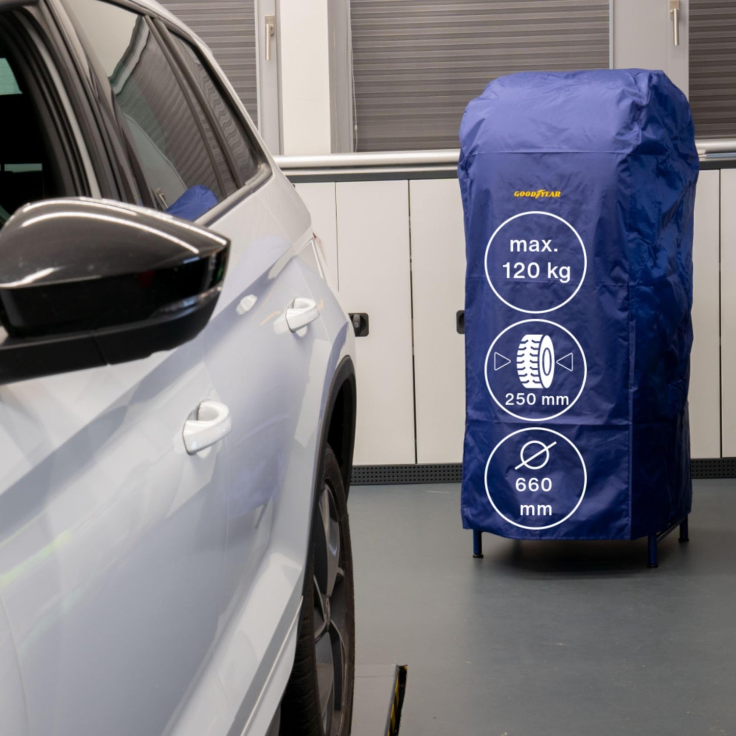 Goodyear tire rack for 4 tires, space-saving storage, height-adjustable, 2 levels, maximum load capacity up to 120 kg, blue.
