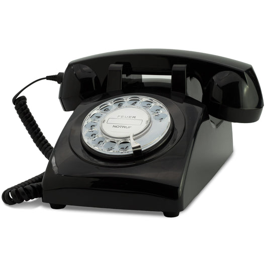 60s Cable Phone: The retro telephone with rotary dial, the nostalgic rotary dial phone, and vintage corded phone for classic calls in black.