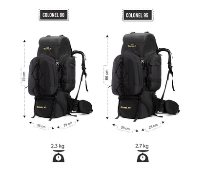 Tripole backpack Colonel 95 liters with detachable daypack - hiking, trekking, traveling, camping, waterproof, with breathable back panel, black.