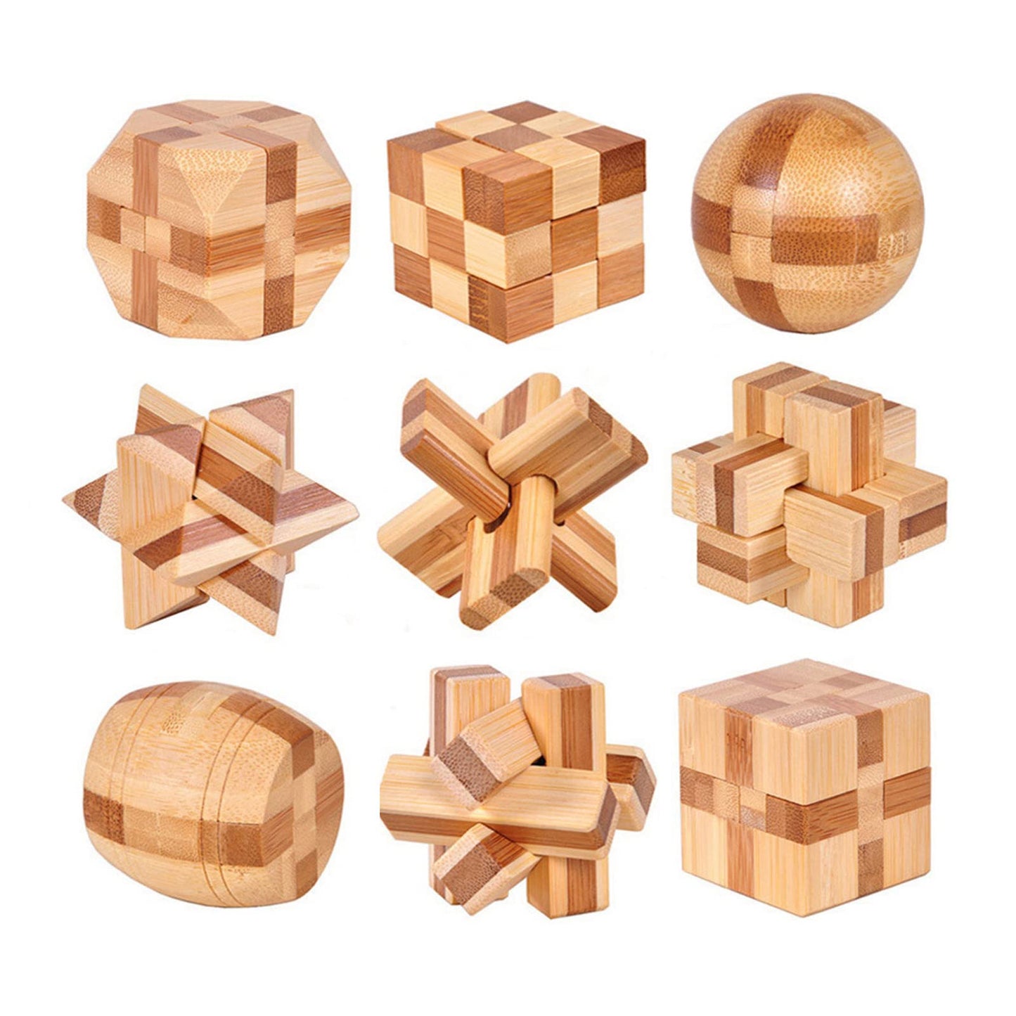 Wooden puzzle set of 9 pieces, including brain teasers, skill games, logic games, IQ games, and patience games. 3D mini puzzles for adults and kids, measuring 4.5cm. Great gift idea.