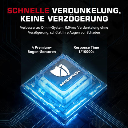 ARCCAPTAIN automatic welding helmet with Real Colour technology features an extra large viewing area of 10x9cm, wide shade range of 4/9-13 for ARC, TIG, MIG welding processes.