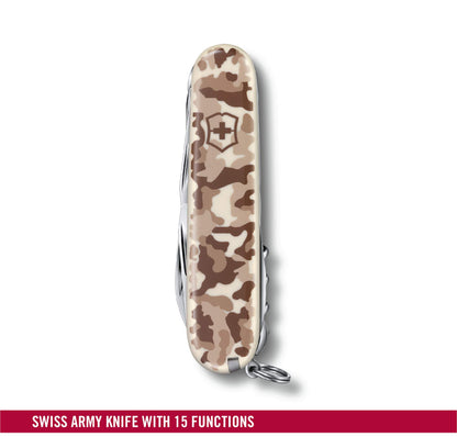 Victorinox Swiss Army Knife Huntsman, multitool with 15 functions, blade, corkscrew, can opener, foldable box, Desert Camouflage.