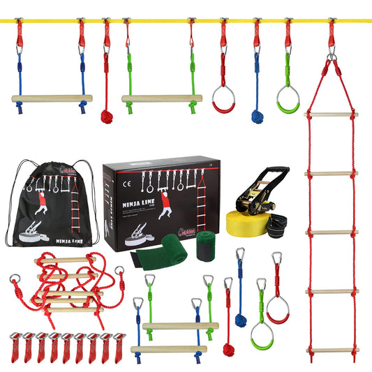 ALPIDEX Ninja Line Kids Slackline Obstacle Set includes rings, rope knots, swing, climbing ladder, expandable Warrior Course. 7-year warranty on materials*. Style: Fun.