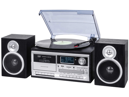 Trevi TT 1072 DAB, 33, 45, and 78 RPM vinyl record player, wireless vinyl player, CD and MP3 player, USB and SD, 25W, DAB/DAB+ FM digital radio, headphone jack, bass reflex speakers, black.